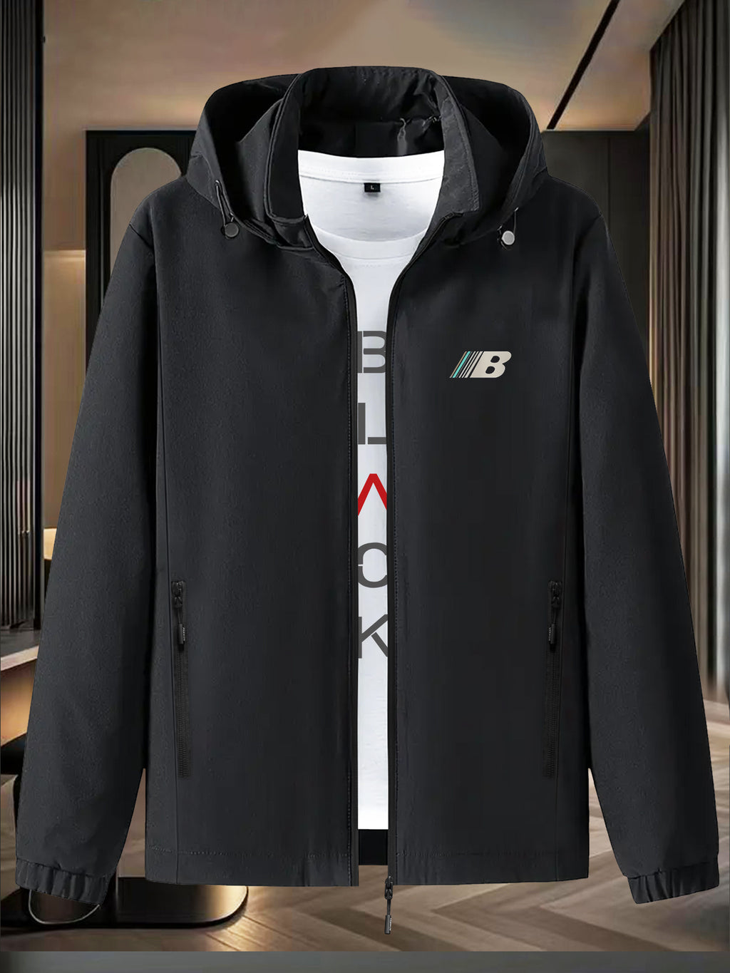Men's Outdoor Winter Jacket Compatible for, Motorcycle & Casual Wear - Lightweight Windproof Hooded Zippered Coat with Loose Fit, Machine Washable (Autumn/Winter) - Black