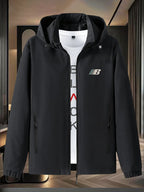 Men's Outdoor Winter Jacket Compatible for, Motorcycle & Casual Wear - Lightweight Windproof Hooded Zippered Coat with Loose Fit, Machine Washable (Autumn/Winter) - Black