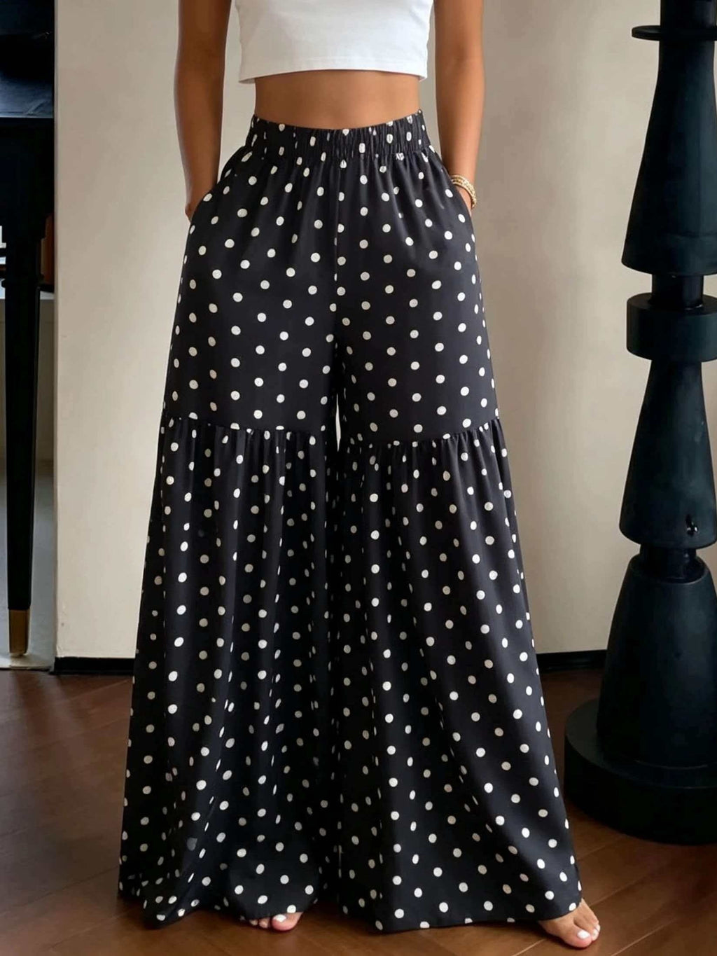 French Retro Polka Dot Wide-Leg Pants Women'S High-Waist Drapey Loose Flared Floor-Length Trousers - Black