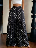 French Retro Polka Dot Wide-Leg Pants Women'S High-Waist Drapey Loose Flared Floor-Length Trousers - Black