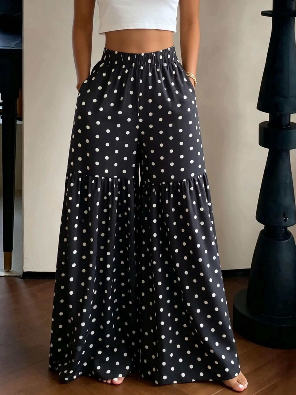 French Retro Polka Dot Wide-Leg Pants Women'S High-Waist Drapey Loose Flared Floor-Length Trousers - Black