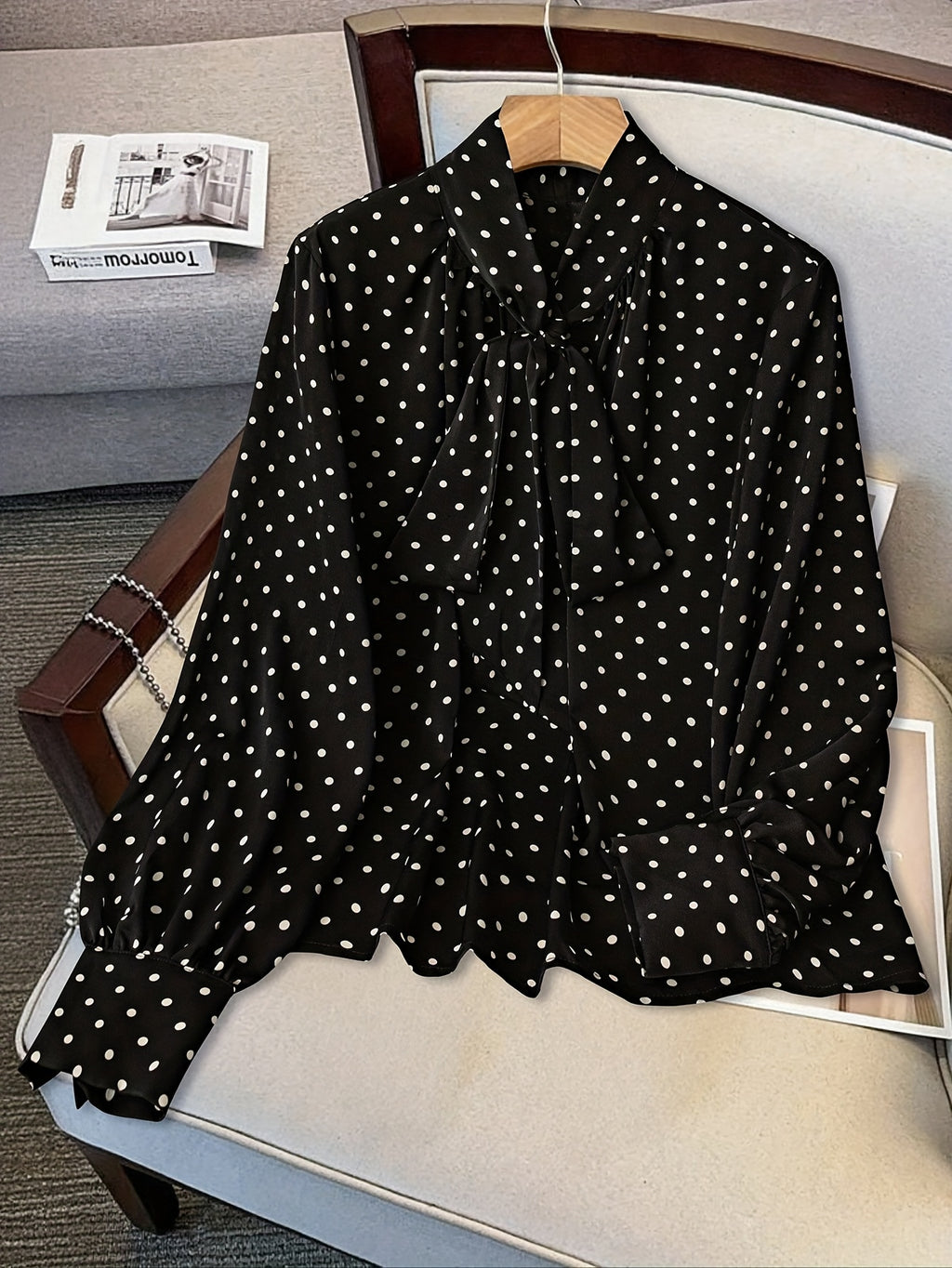 Women'S Elegant Tie-Front Long Sleeve Polka Dot Printed Statement Shirt, Suitable for Daily And Commute Wear - Black