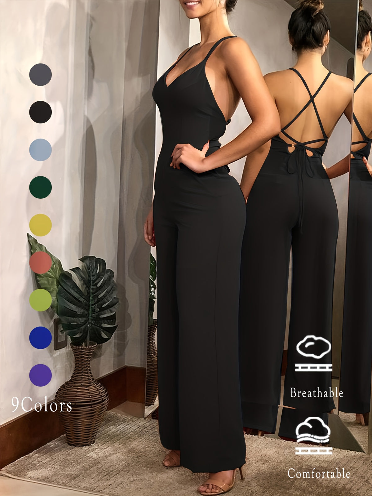 (Same Style on ) Women'S Suspender Jumpsuit Summer Fashion Sexy Backless Dress Women'S Outing Party Vacation Elegant Slim Fit Jumpsuit Long Pants Women'S Clothing - Black