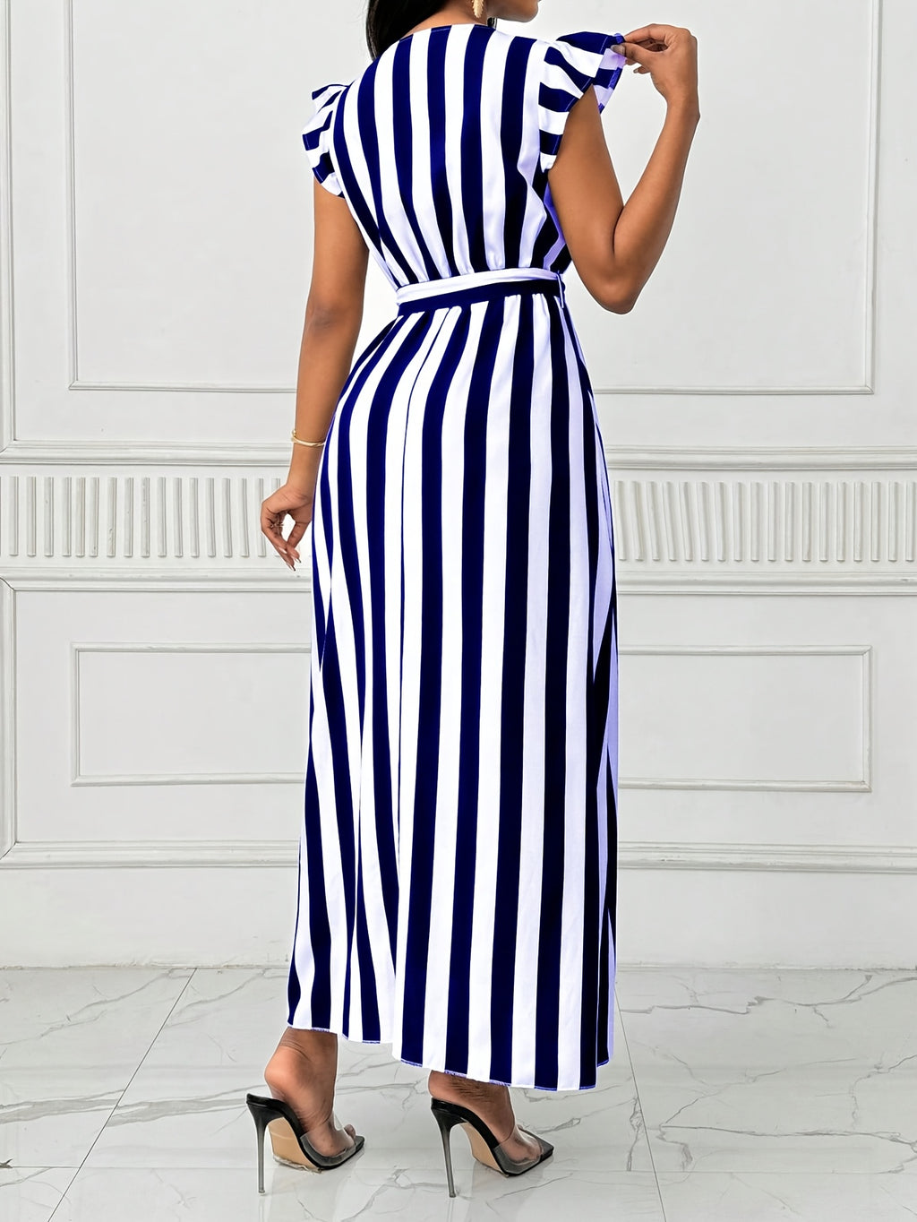 Women'S Striped Dress with Lotus Leaf Sleeves - Navy Color