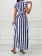 Women'S Striped Dress with Lotus Leaf Sleeves - Navy Color
