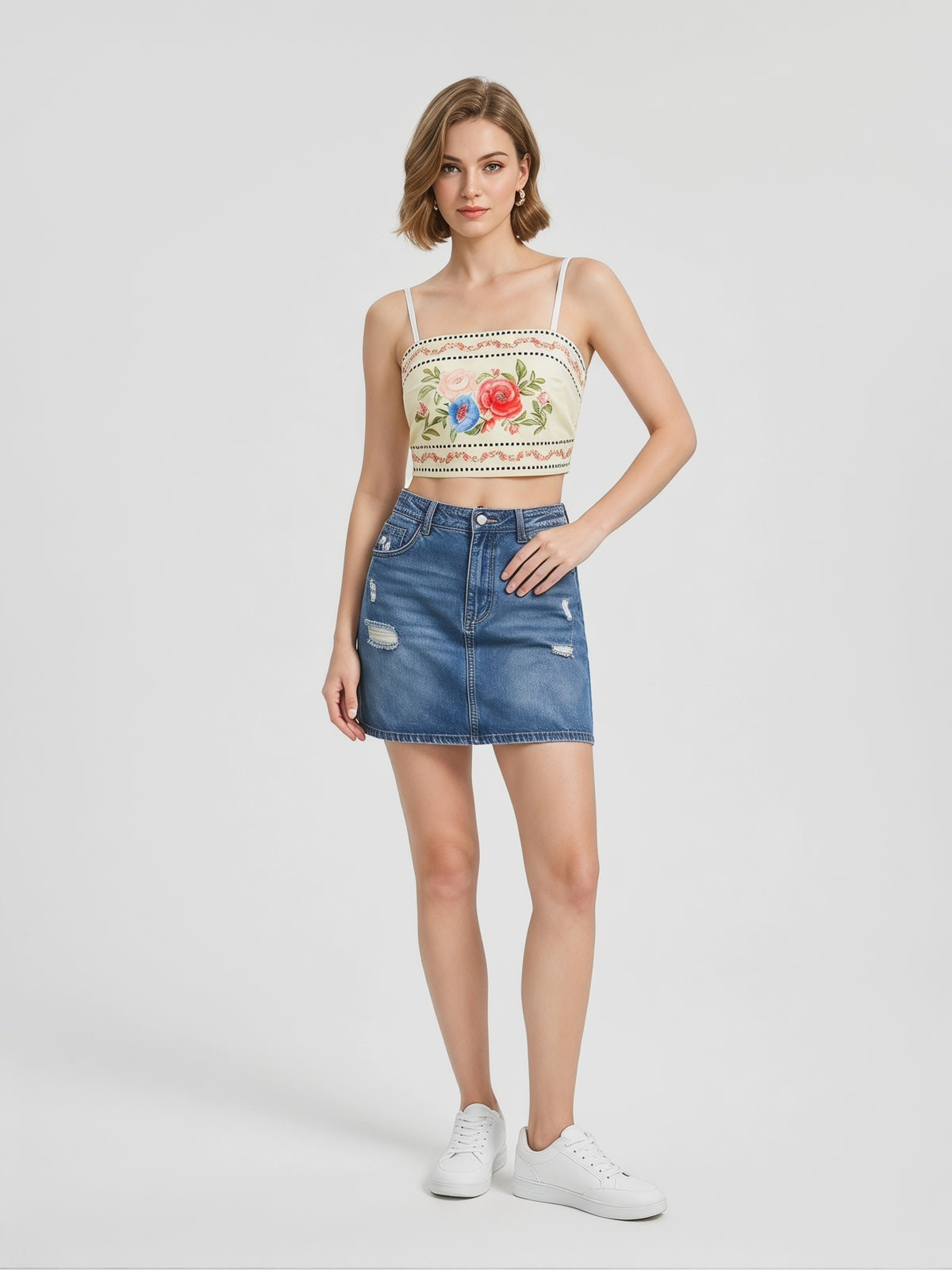 New Summer Fresh Tropical Tech Print Floral Print Camisole Top for Women, Casual Beach Vacation Tie-Front Tank Top - Multicolor