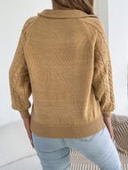 Autumn and Winter Leisure Vacation Pullover Sweater Solid Color Zipper Lapel Women's Sweater - Khaki