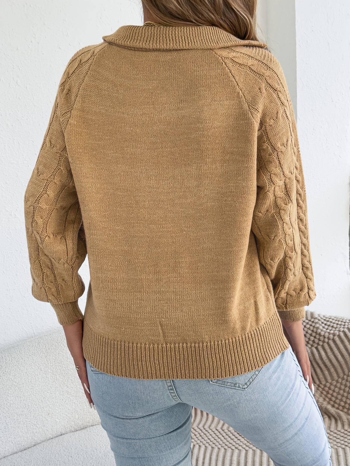 Autumn and Winter Leisure Vacation Pullover Sweater Solid Color Zipper Lapel Women's Sweater - Khaki