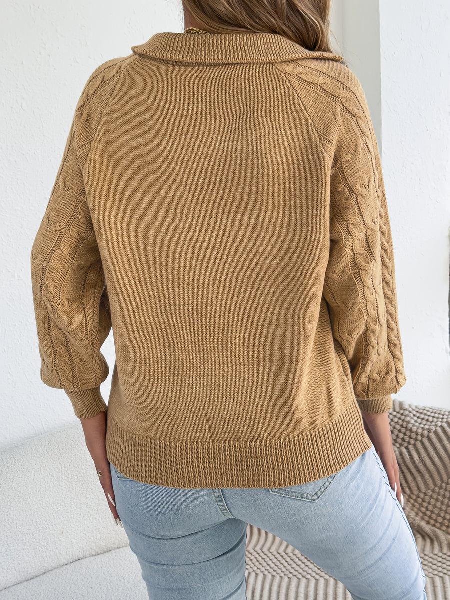 Autumn and Winter Leisure Vacation Pullover Sweater Solid Color Zipper Lapel Women's Sweater - Khaki