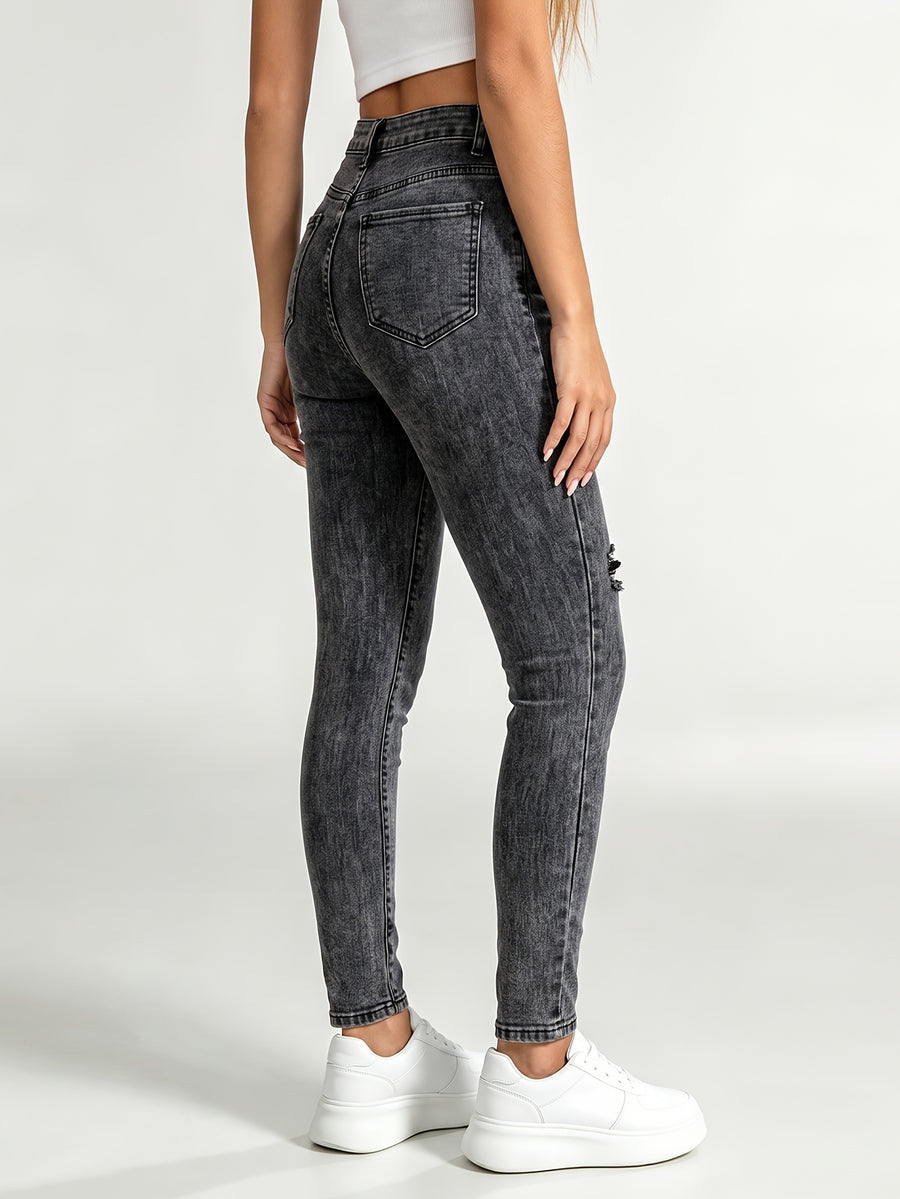 Popular Stylish Women's Denim Pants, Spring/Autumn New Arrival, Color-Block Washed Snowflake Ripped Jeans, Fashionable Casual Versatile Skinny Stretch Denim Trousers for Women, 6318168 - Dark Gray