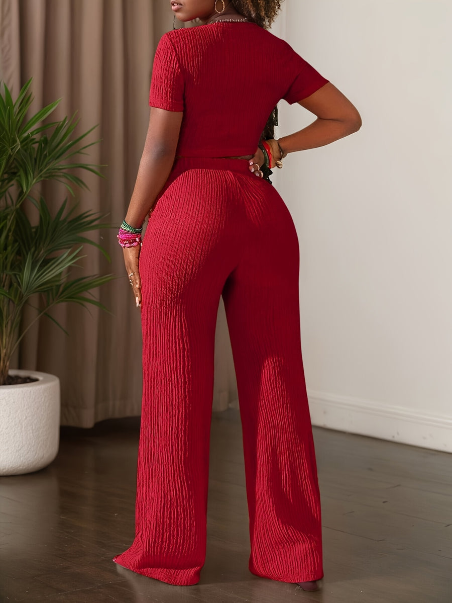 2025 New Solid Color Short Sleeve Top And Wide Leg Pants Casual Set - Red