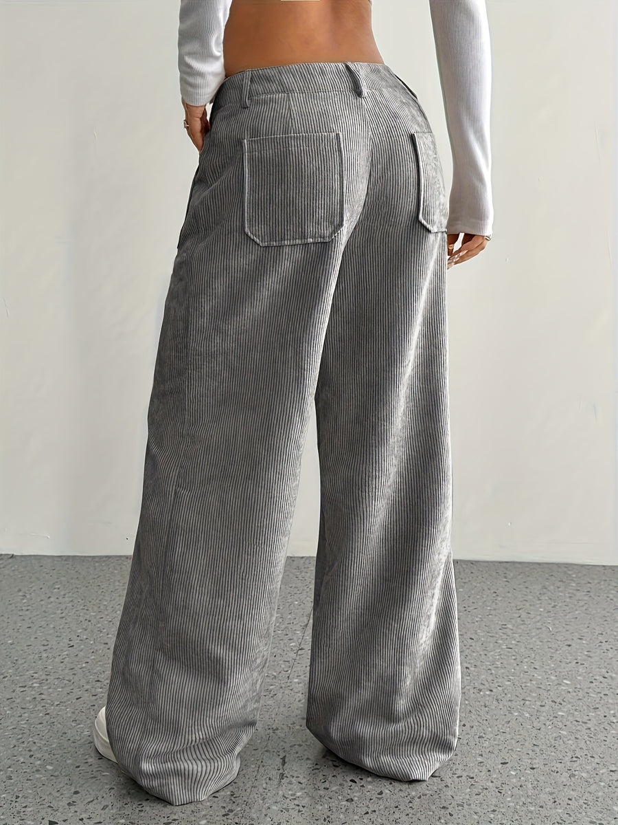Women's Corduroy High-Waisted Wide-Leg Pants, Casual Solid Color Multi-Pocket Design, All-Season Daily / Commute Wear, Machine Washable, Comfortable Fabric, Versatile Fit, High-Waisted - Dark Gray