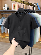 [Qiaoximei OBM] Summer New Men'S Henley Shirt, Collarless Solid Color Top, Faux Button Decoration, Golf Casual Wear, Suitable for Outings And Casual Wear, Men'S Gift - Black