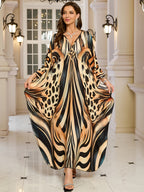 EDOLYNSA Women's Deep V-Neck Leopard Print Turkish Kaftan Dress - Long Sleeve Batwing Beach Cover-Up with Chest Ruching, Loose Fit Maxi for Resort Wear, Poolside & Casual Outings, Beach Dress, Summer Vacation Outfit, Batwing Sleeves, Lightweight Fabric - Light Brown-1