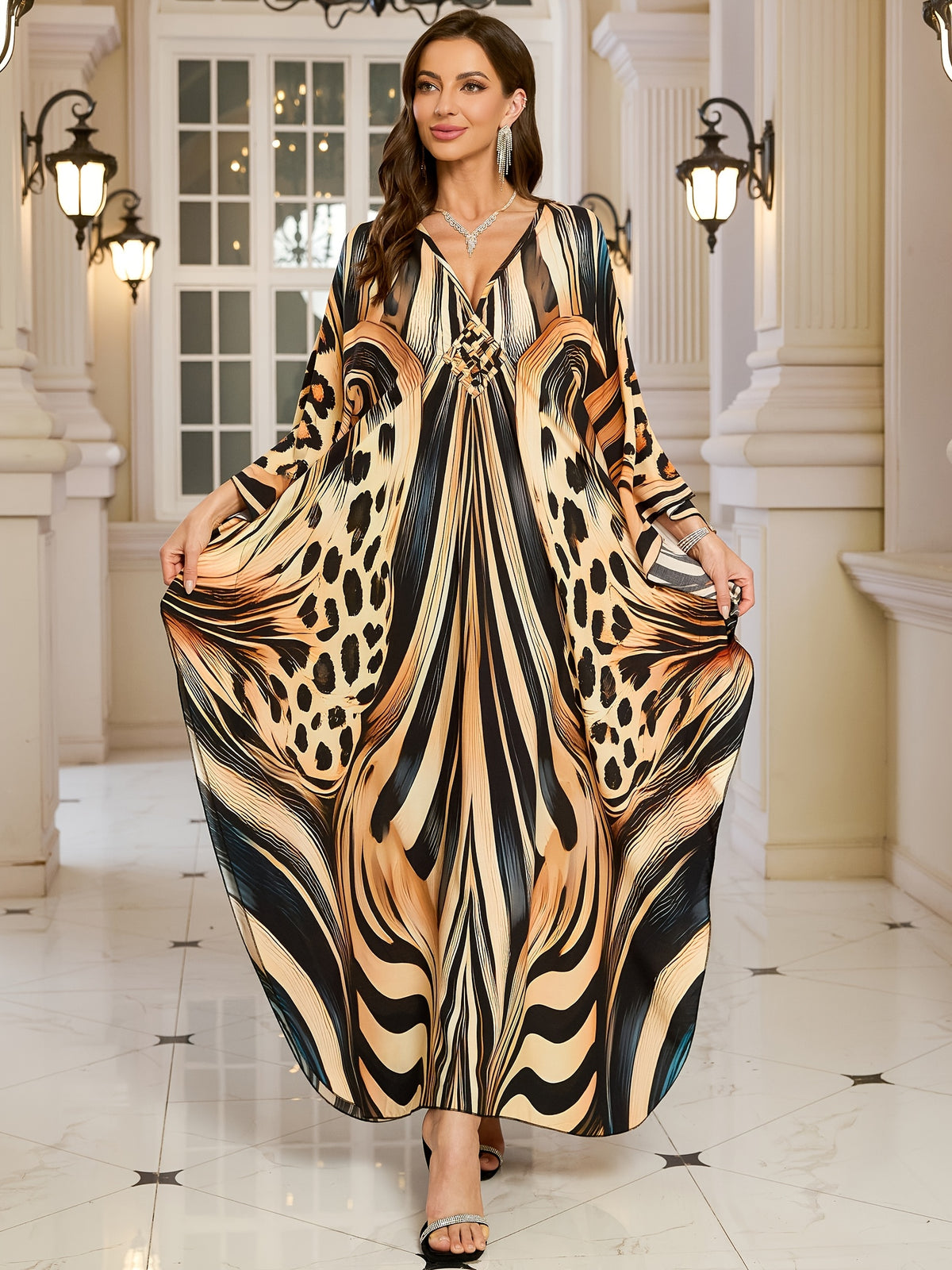 EDOLYNSA Women's Deep V-Neck Leopard Print Turkish Kaftan Dress - Long Sleeve Batwing Beach Cover-Up with Chest Ruching, Loose Fit Maxi for Resort Wear, Poolside & Casual Outings, Beach Dress, Summer Vacation Outfit, Batwing Sleeves, Lightweight Fabric - Light Brown-1