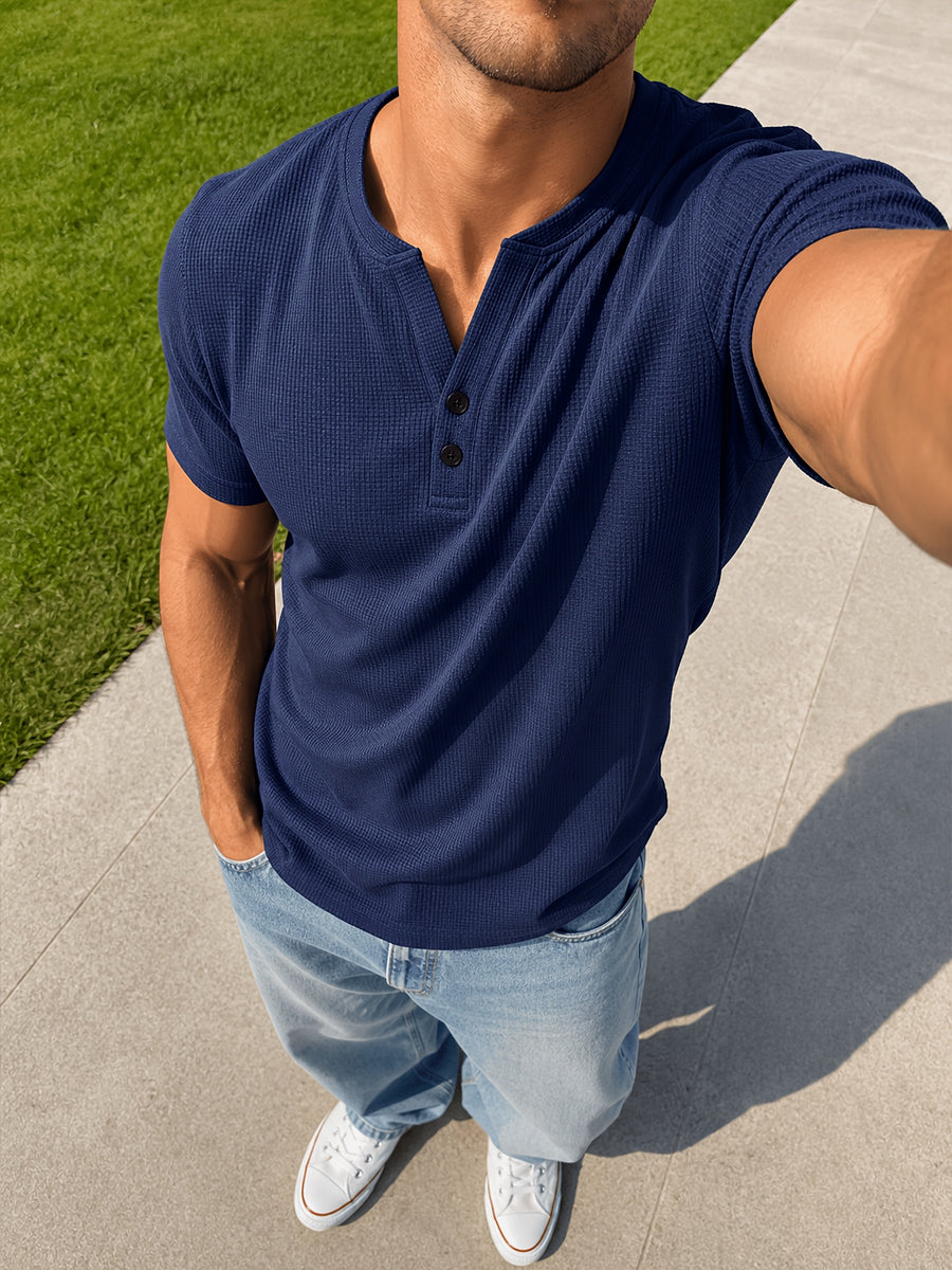 [Josh Mei Obm] 3pcs Men'S Waffle Henley Shirts Lightweight Breathable Button Neck Slim Fit Summer Tops for Beach Vacation Outdoor Casual Wear - Teal + Black + Blue