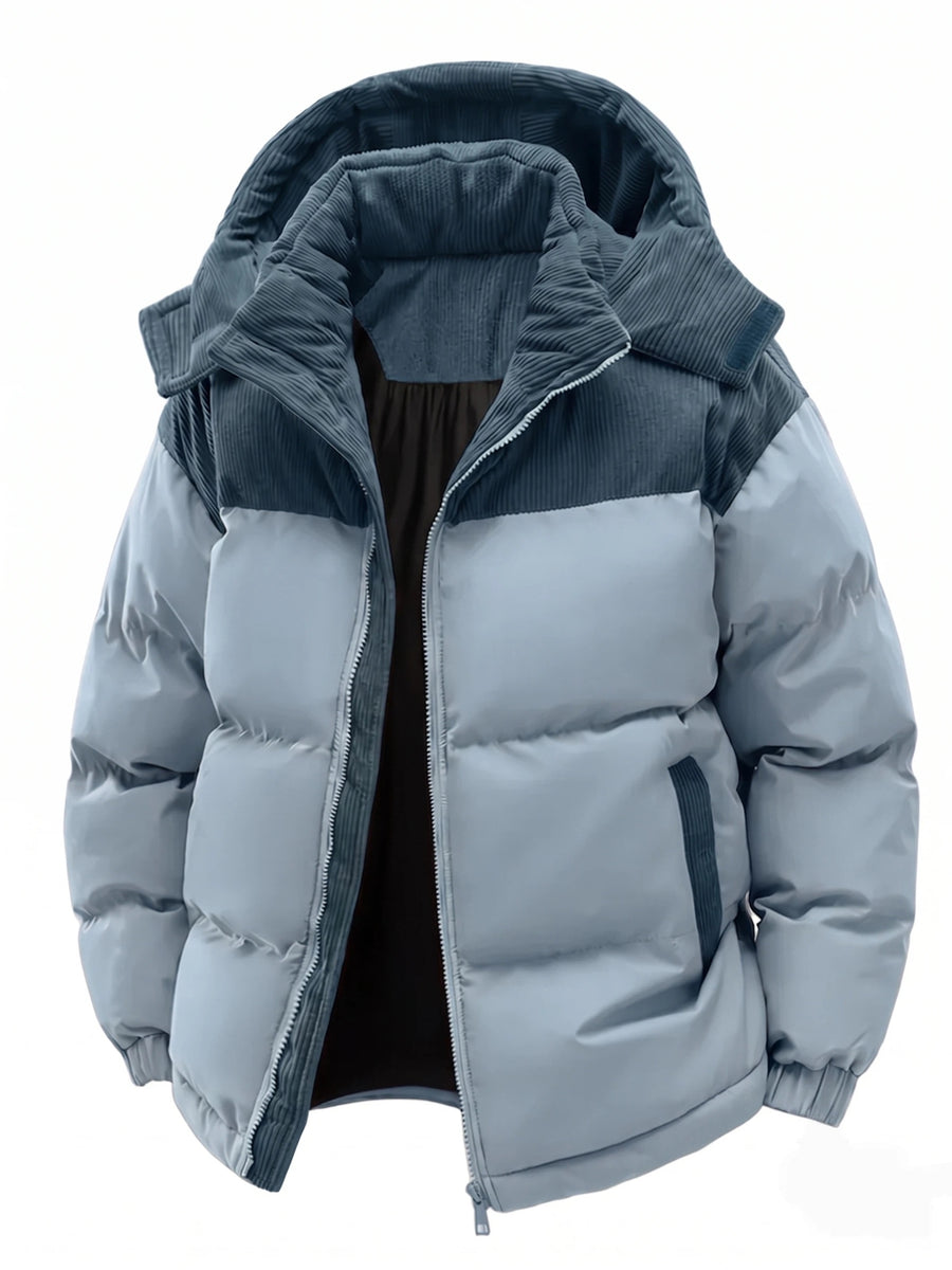 Men's Thickened Winter Jacket - Warm Windproof Hooded Outerwear, Polyester Fiber Filling Suitable for Cold Weather, Outdoor Activities - for Teens and Adults, Seasonal Layering, Casual Outerwear, Comfortable and Warm - Sky Blue