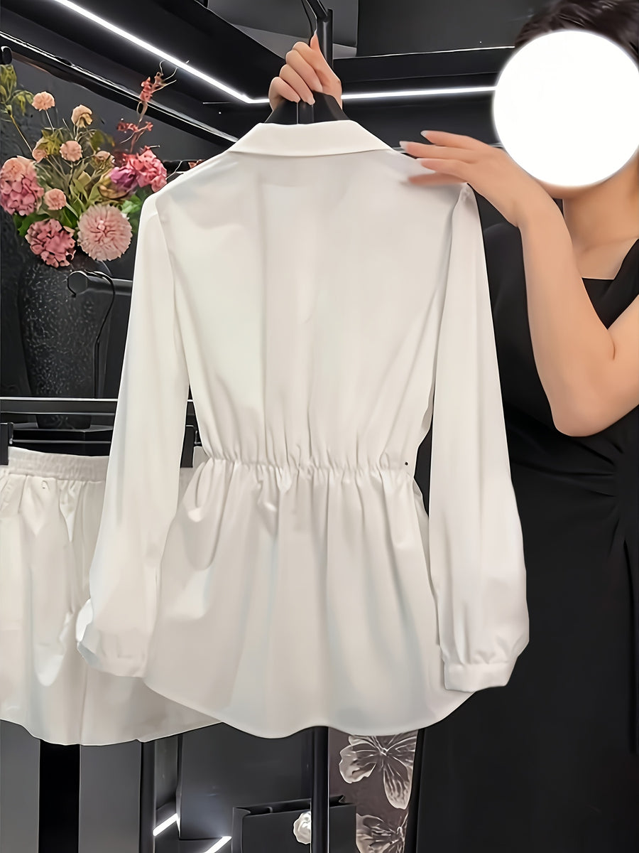 High-End Feel Commuter Versatile Exquisite Women's Shirt, Spring/Summer New Arrival Long-Sleeve Top, Waist-Cinching Stylish Blouse - White