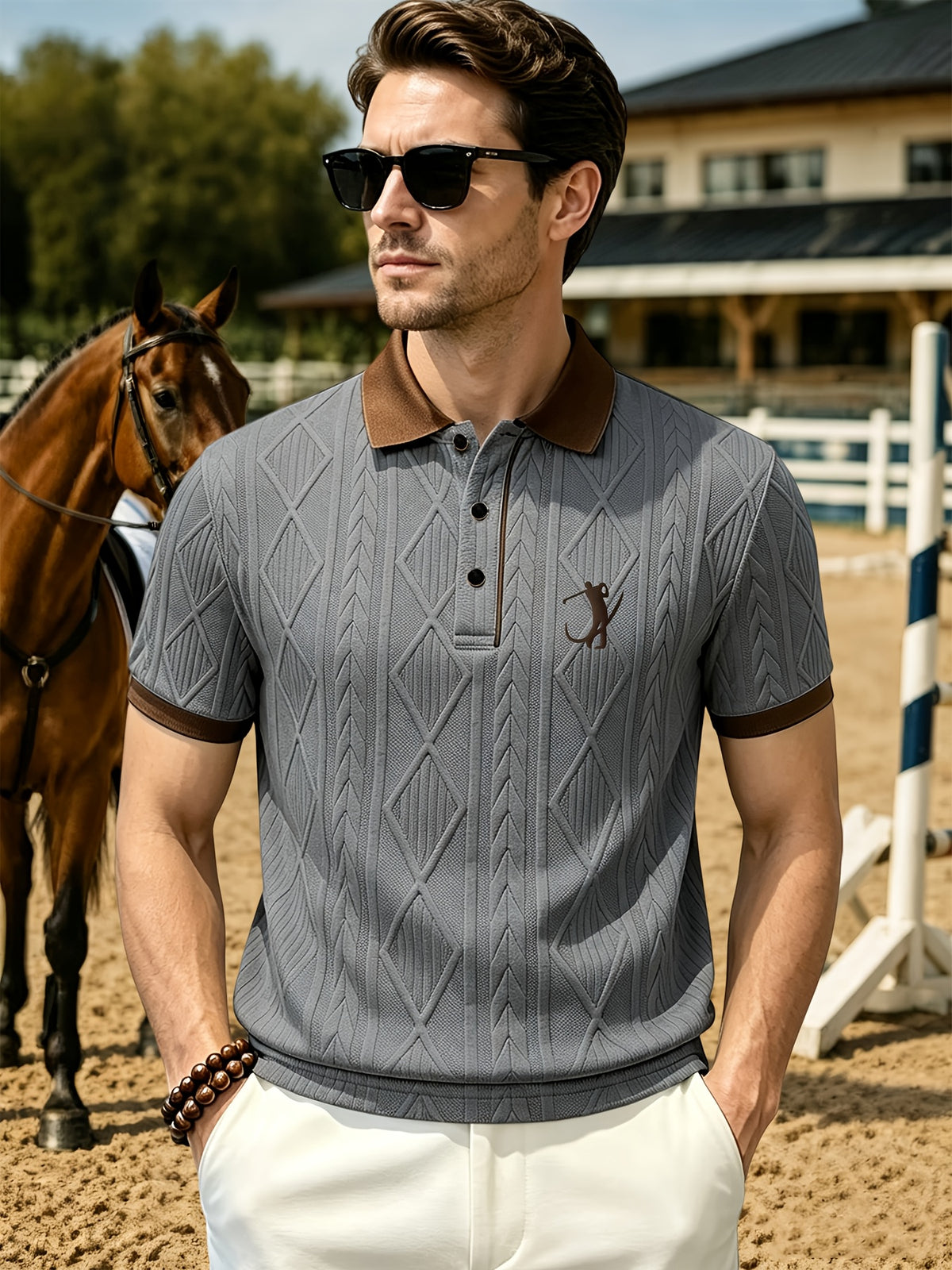 Men'S Fashion Polo Shirt, Golf Character 3D Pattern Print, Foamed Heavy Craft, Spring Summer Short Sleeve, Exquisite Jacquard Fabric, Comfortable And Skin-Friendly, Elegant Contrast Collar Design, Casual Trendy Versatile, Golf Wear, Premium T-Shirt - Grey