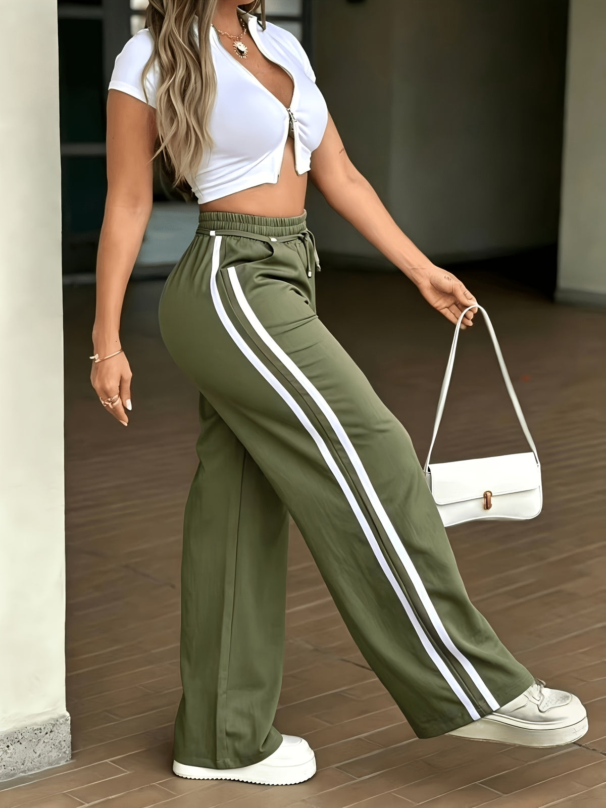 Women's Elastic High-Waist Drawstring Side Seam Drawstring Accent Casual Pants - Olive Green