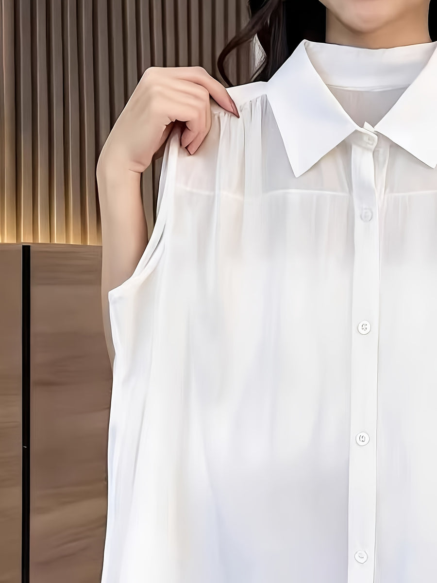 GlowEve Coffee Sleeveless Pleated Chiffon Casual Loose Fit Top for Women - White