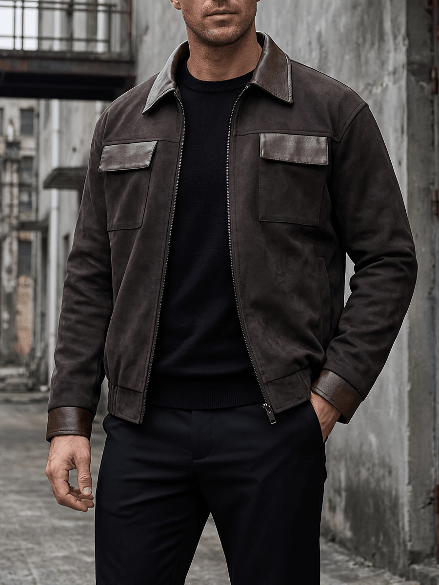 Men's Vintage Patchwork Outerwear, Notched Lapel Suedette-Look Zipper Baseball Jacket with Suedette Contrast Trim on Collar, Pockets, and Cuffs, Autumn/Winter Daily Warm Short Coat - Coffee Color