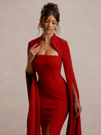 Mid-Length Fashion Evening Party Dress with Elegant Shawl Sleeves for a Graceful and Sophisticated Look - Burgundy