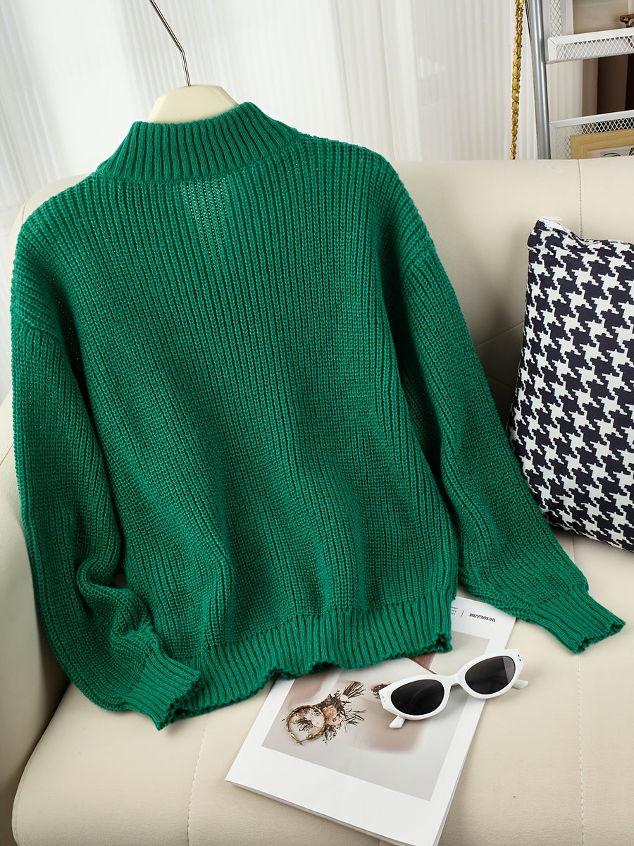 Women's Half-Zip Stand Collar Sweater, Loose Fit Ribbed Cable Relaxed Top, Gavin - Dark Green
