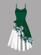 Women's Suit Blue Cardigan Jacket and Flower Print Contrasting Color Suspender Dress with Lace-up 2pcs Set Temperament Daily Party Ladies' Clothing - Green