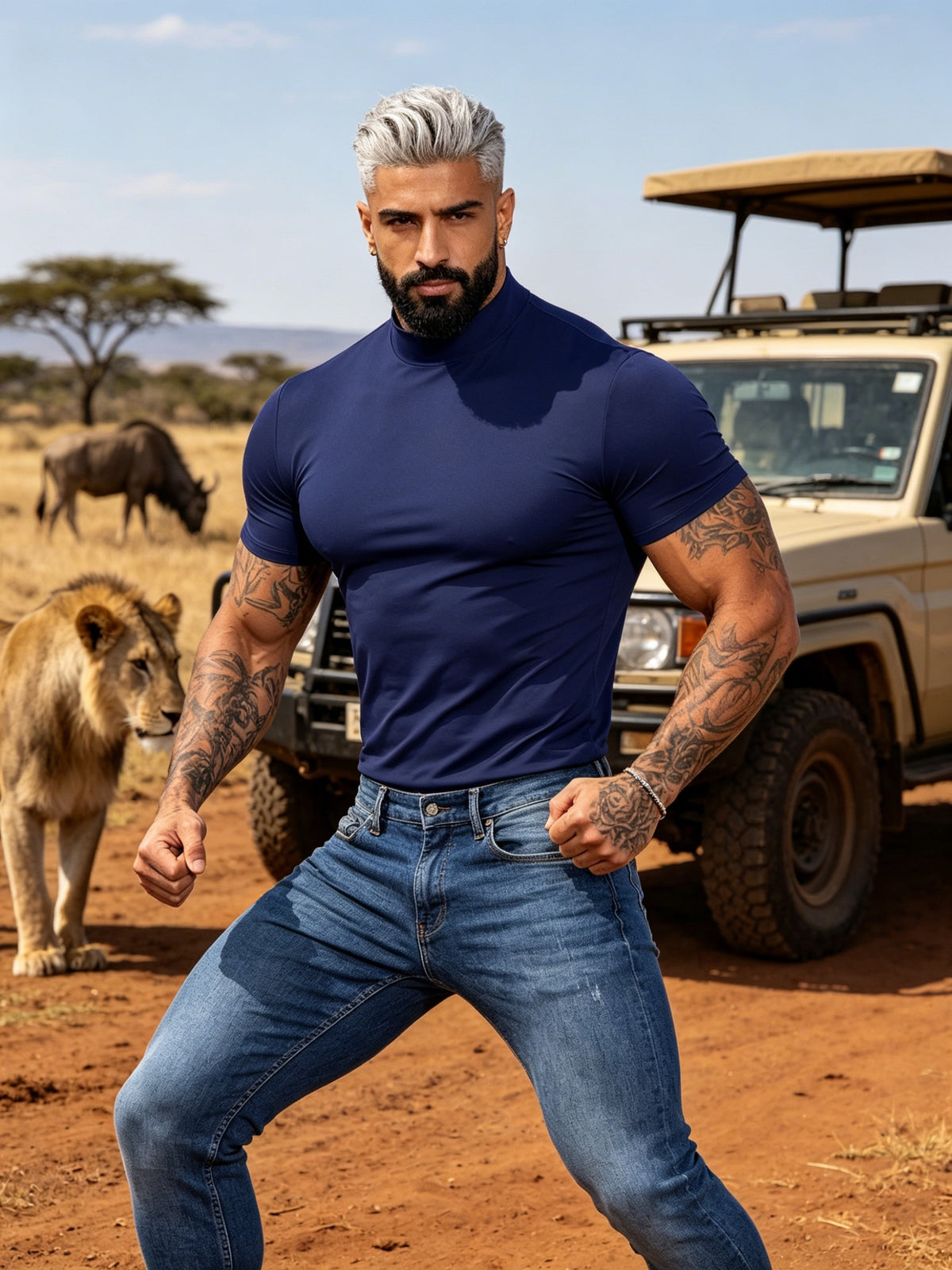Summer Breathable Solid Color Half-Neck Short Sleeve 2pcs Set Men'S Shaping Slimming High-Elastic Fabric Light Luxury Fashion Fitness Sports Daily Wear Easy Premium Feel Versatile Base Top - Navy Color