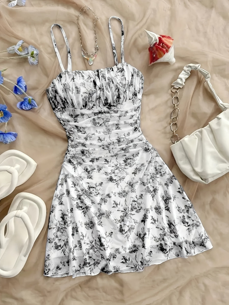Women'S New Floral Print Halter Dress, Fashionable And Elegant, All-Season Wear - Grey