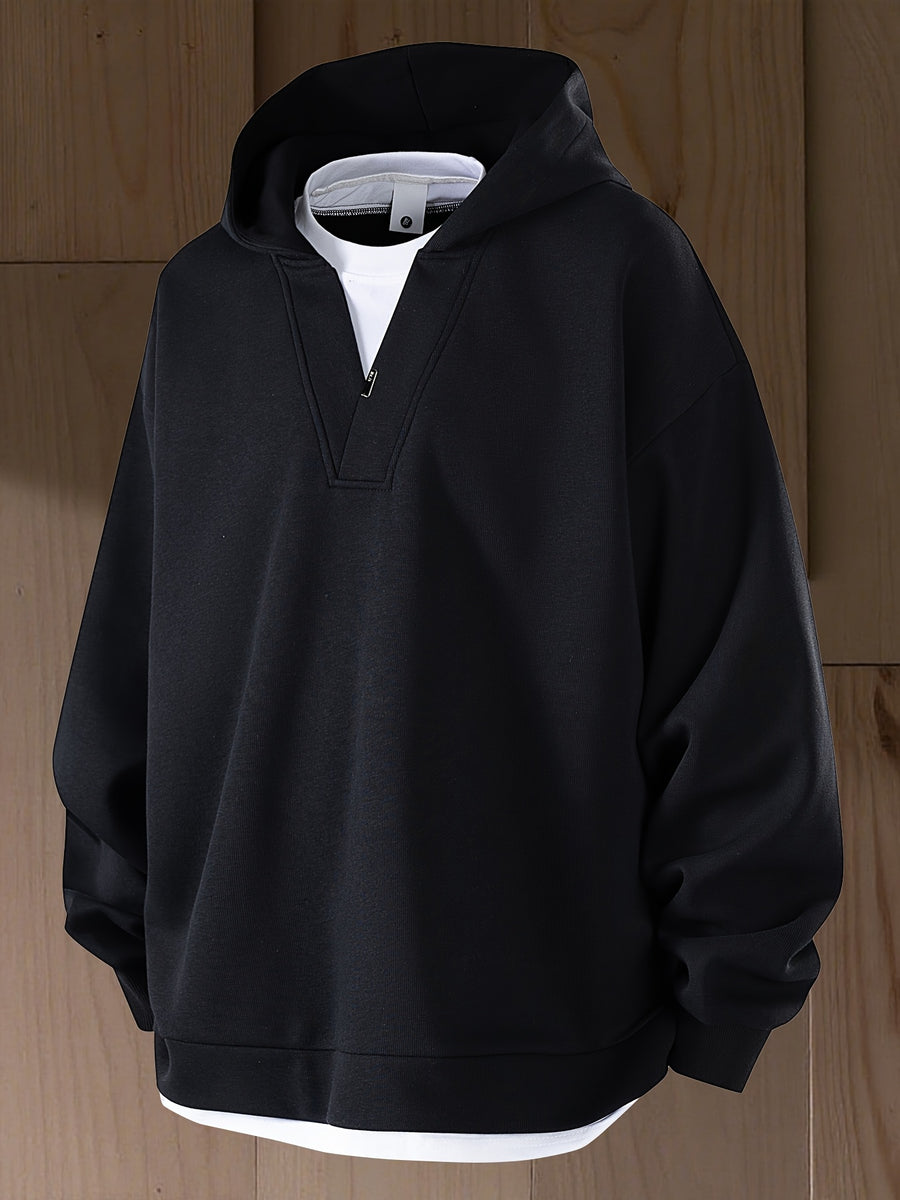 New Autumn 2-in-1 Look V-Neck Hooded Men's Sweatshirt, High-Quality Comfortable Hoodie, Heavyweight Trendy Men's Top - Black