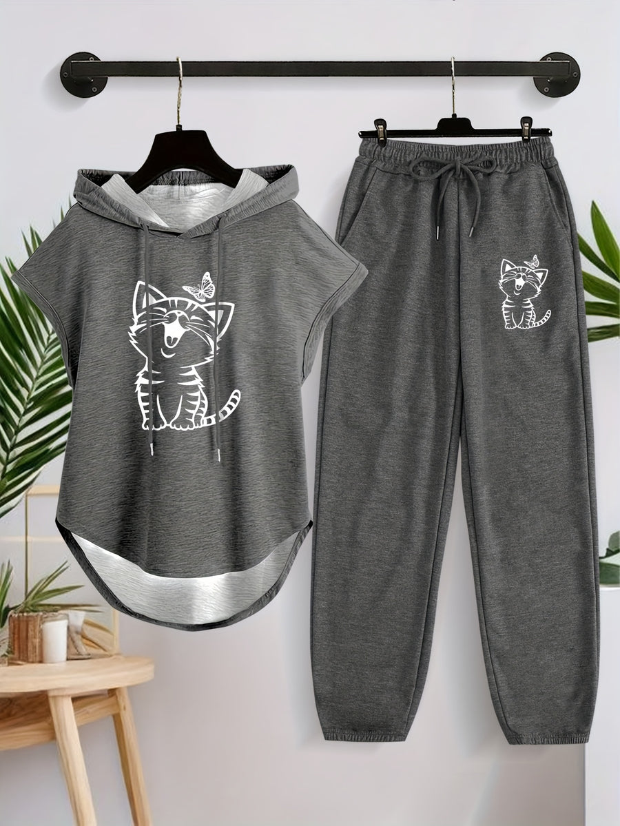 Women'S Sleeveless Hooded Top And Casual Long Pants Set X3649 - Deep Gray