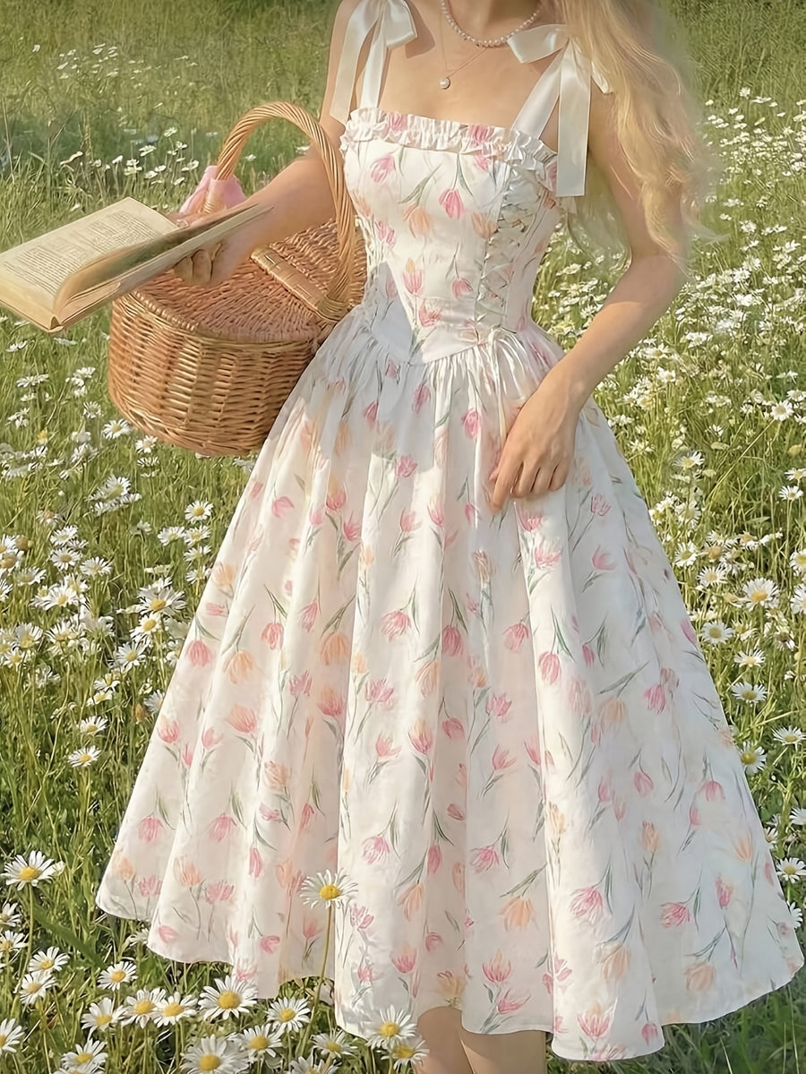 Sweet Floral Print Spaghetti Strap Tie-Up Dress, Waist-Cinching Flared Maxi Dress, Bow Strap Princess Dress, Elegant Vintage Pastoral Style - Tulip