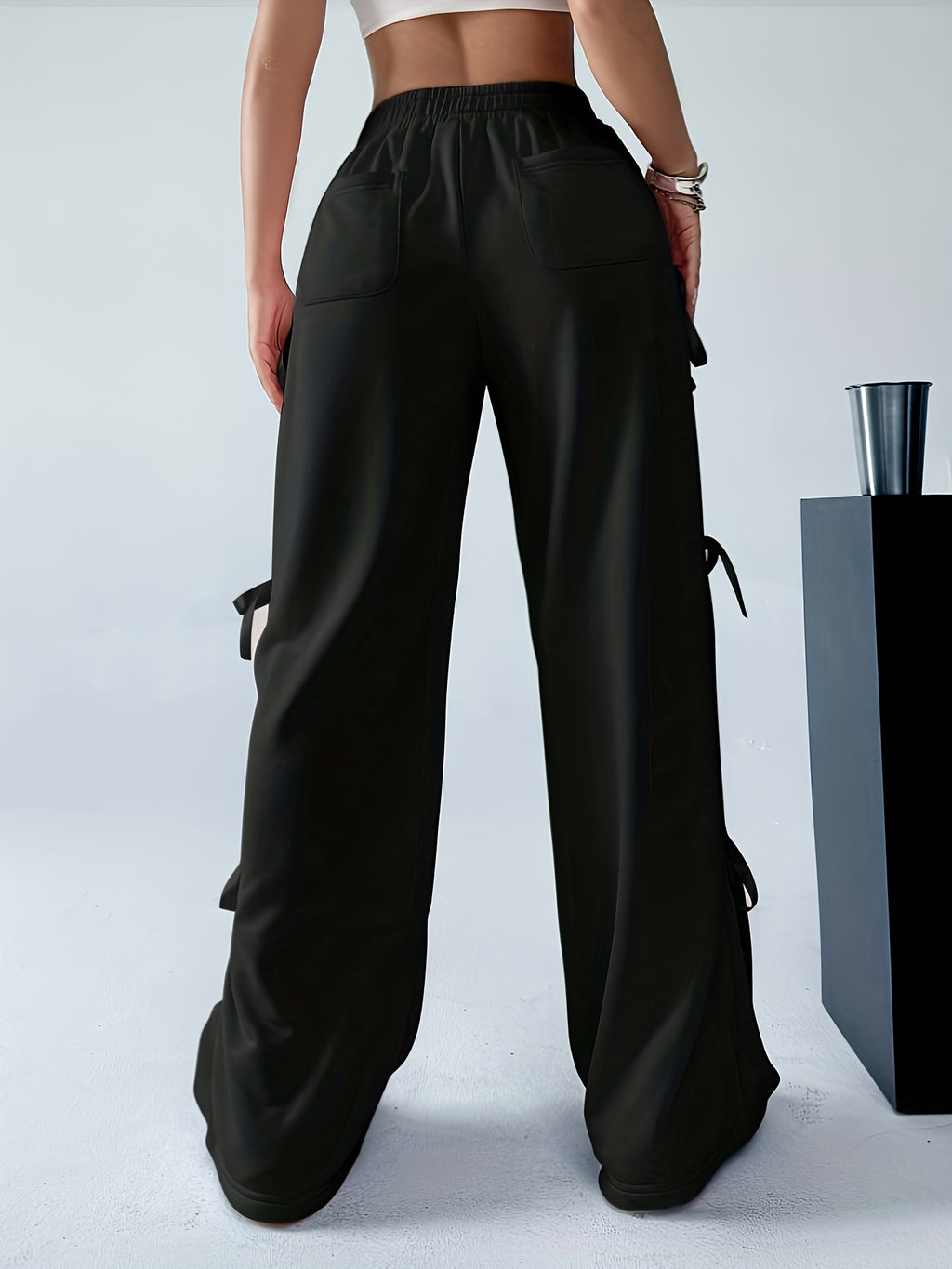 Plus Size, Plus Size Women's Casual Slacks with Bow Accents - All-Season Trousers, Straight-Leg Design, Machine Washable Solid Color Pants for Everyday Comfort - Black