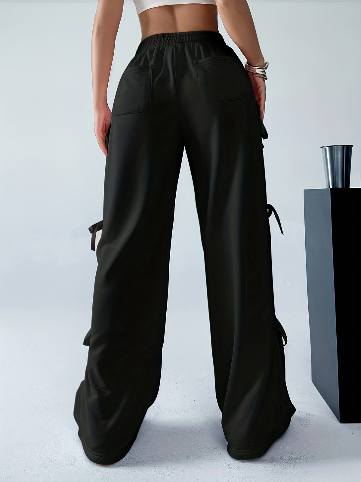 Plus Size, Plus Size Women's Casual Slacks with Bow Accents - All-Season Trousers, Straight-Leg Design, Machine Washable Solid Color Pants for Everyday Comfort - Black