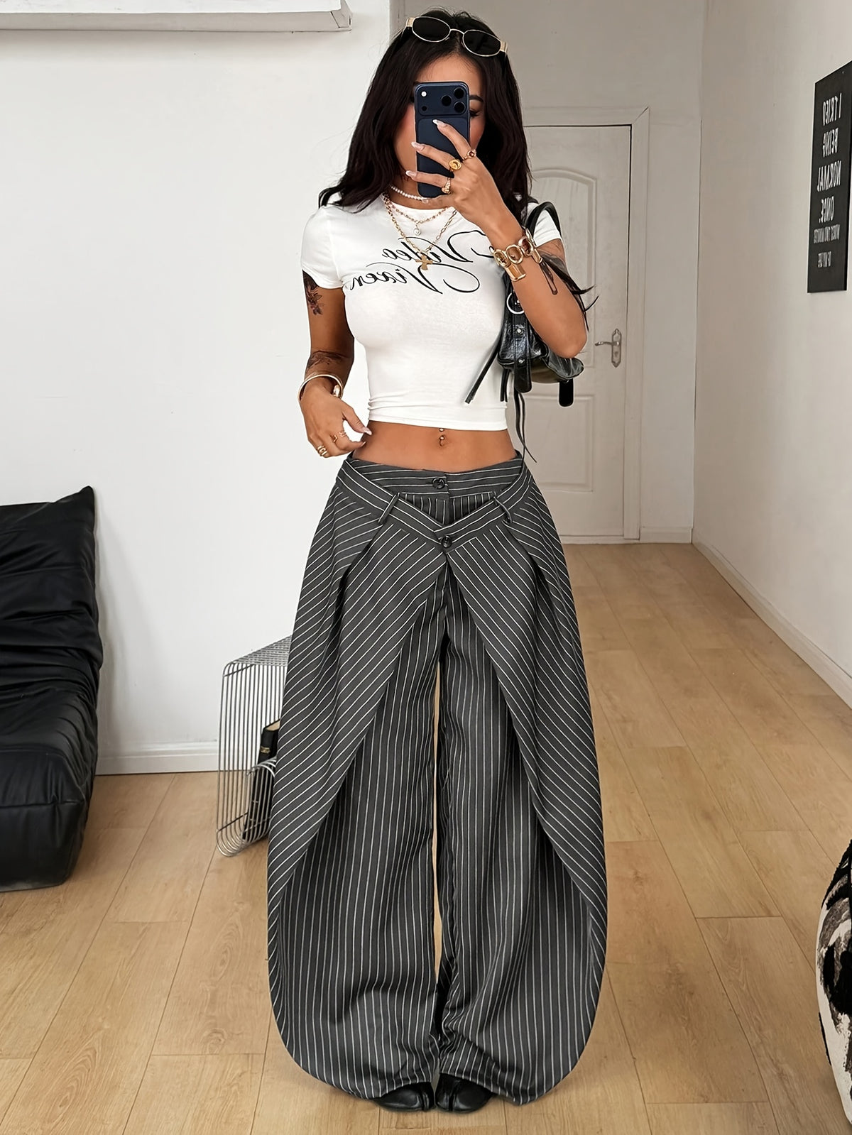 Women'S Retro Striped Wide-Leg Trousers with Cross-Waist Head Loose Drapey Floor-Length Pants Casual Suit Trousers - Gray Stripes