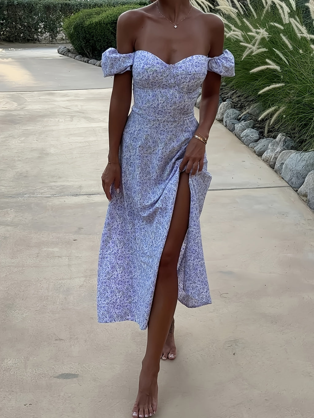 French-Style Dress - Heart-shaped Neckline with Puff Short Sleeves, Small Floral Print Design, Waist-Cinching High Slit for a Fresh and Gentle Look, Suitable for Dates, Vacations, Afternoon Tea, and Beach Photoshoots. +YYTT - Lavender