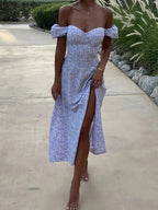 French-Style Dress - Heart-shaped Neckline with Puff Short Sleeves, Small Floral Print Design, Waist-Cinching High Slit for a Fresh and Gentle Look, Suitable for Dates, Vacations, Afternoon Tea, and Beach Photoshoots. +YYTT - Lavender