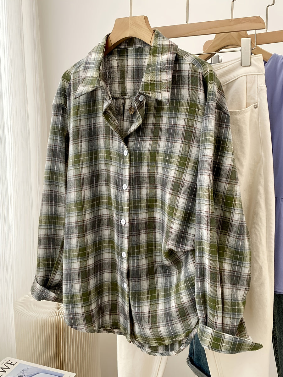 Women'S Shirt Multicolor Brushed Plaid Shirt Loose Top - White Green