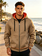 Hoodie, Men'S Fashion Color-Block Zip-Up Hoodie, Multi-Pocket Design Showcasing Individuality, Solid Casual Versatile Hoodie, Autumn/Winter Outerwear - Khaki