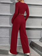 Elegant Directional Women'S Long-Sleeve T-Shirt And Casual Long Pants Set - Burgundy