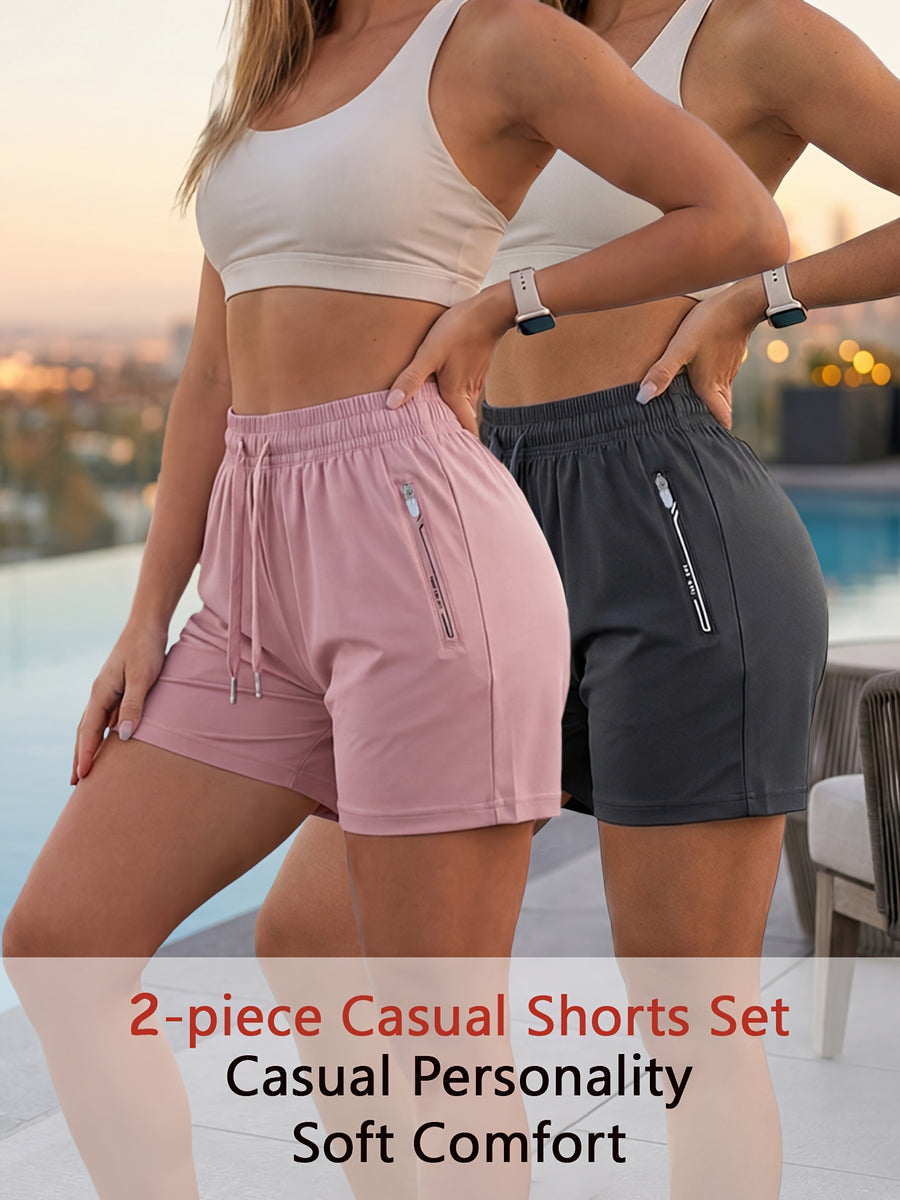 2pcs Women'S Ice Shorts Elastic Drawstring High Waist Casual Lounge Shorts with Zipper Patch Side Pockets, Lightweight Quick Dry Breathable Loose Shorts for Travel Daily Outdoor Wear Multi-Color Pack - Pink + Dark Gray 2-Piece Set