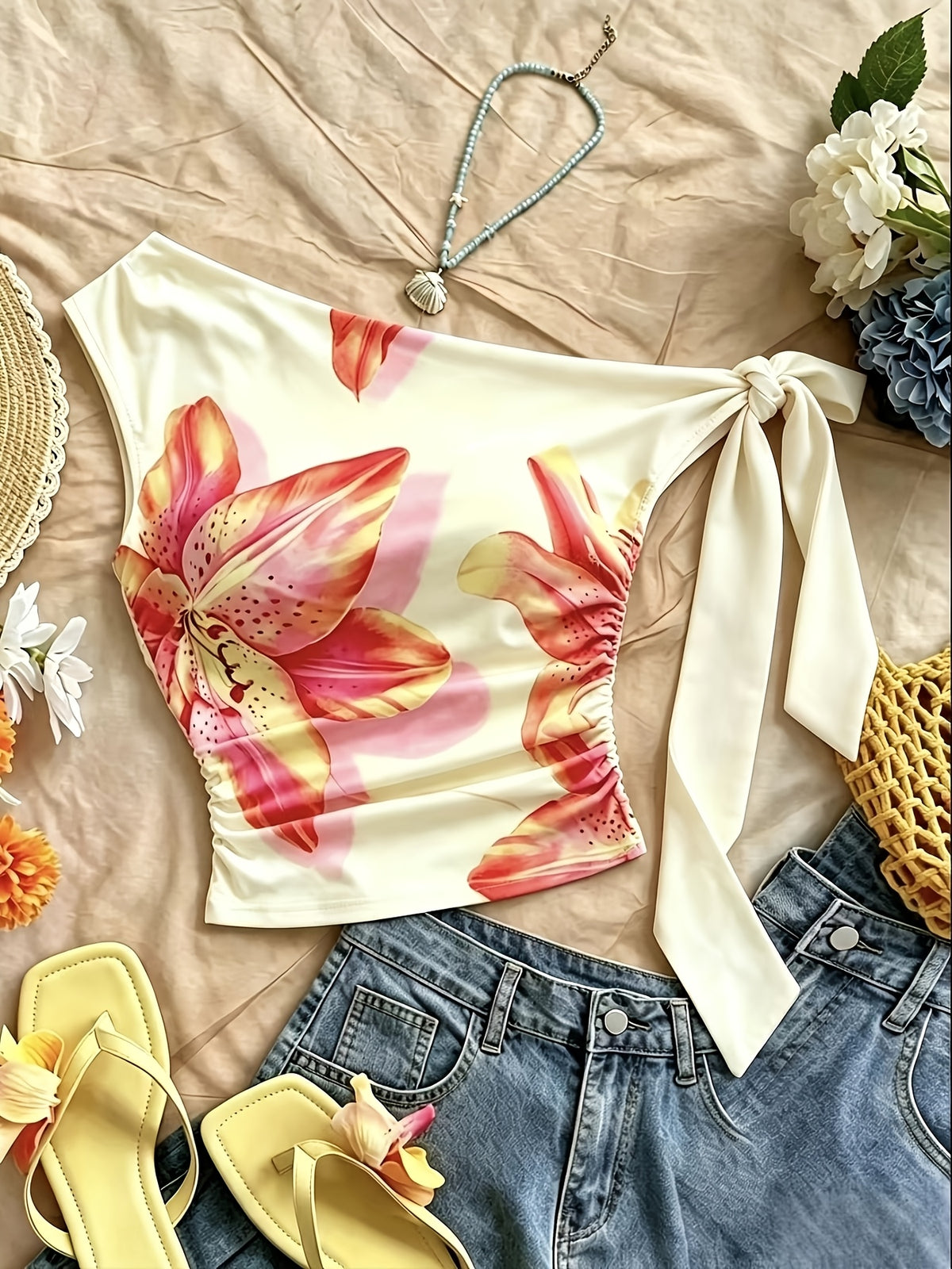 Women's Asymmetrical Shoulder Ruched Fitted Casual Top, No Chest Pads - Mixed colors