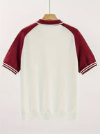 Men's Color-Block Summer Breathable Saddle Shoulder Knit Shirt, Short Sleeve Lapel V-Neck Casual Light Business Knit Top - White