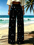 Women'S Casual Wide-Leg Pants, Planet Starry Sky Theme Print, Ideal for Women Who Cherish Romantic Ambiance, Suitable for Vacation Travel, Beach Strolls, And Casual Outings [Print Design - No Texture] - Mixed colors