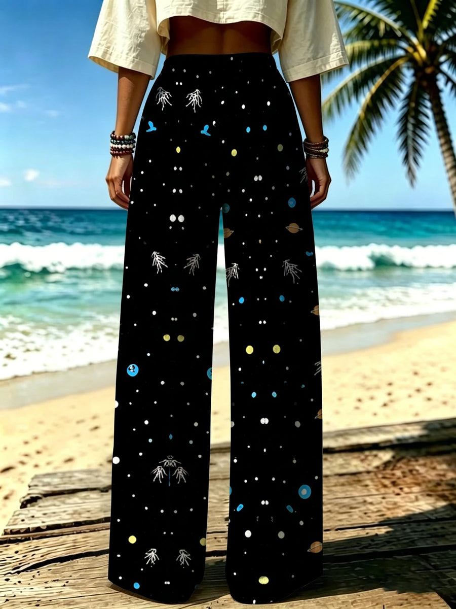 Women'S Casual Wide-Leg Pants, Planet Starry Sky Theme Print, Ideal for Women Who Cherish Romantic Ambiance, Suitable for Vacation Travel, Beach Strolls, And Casual Outings [Print Design - No Texture] - Mixed colors