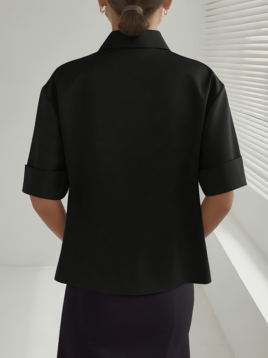 Women's Solid Color Elegant Neckline Short Sleeve Shirt - Black