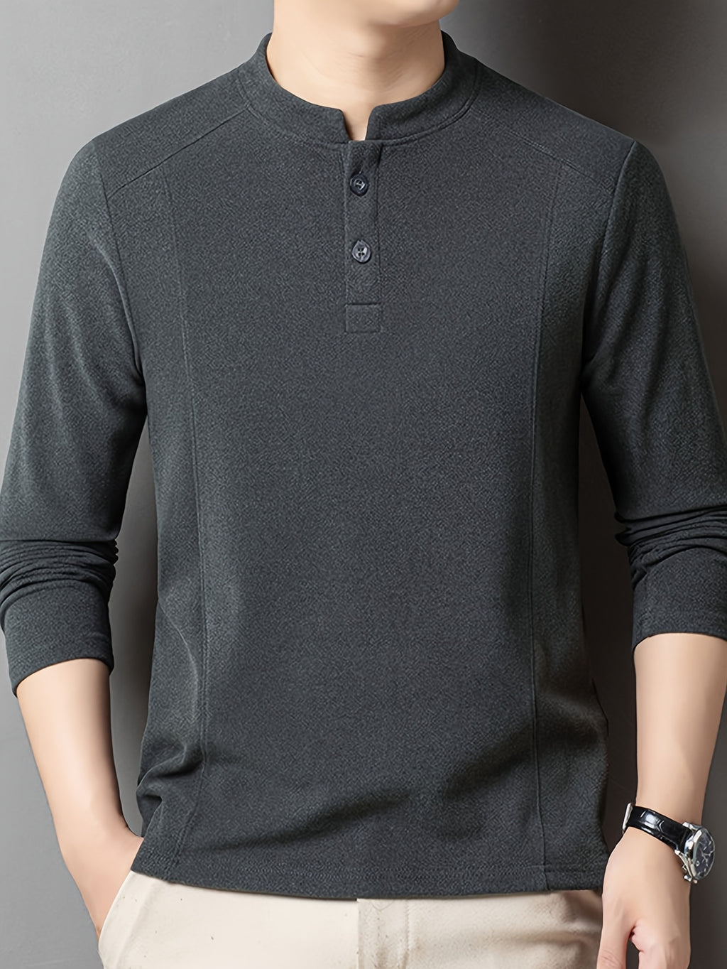 Men's Henley Neck Long Sleeve Base Layer Shirt, Slim Fit but Not Tight, Suitable for Middle-Aged Men, with a Light Business-Casual Vibe. -SINBOS - Dark Gray