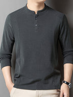 Men's Henley Neck Long Sleeve Base Layer Shirt, Slim Fit but Not Tight, Suitable for Middle-Aged Men, with a Light Business-Casual Vibe. -SINBOS - Dark Gray
